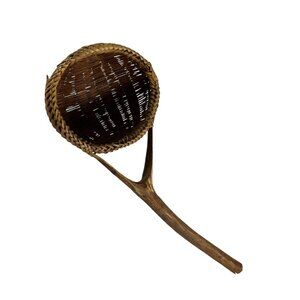 Vtg Woven Gathering Scoop Basket Wood Handle Rustic Folk Art Farmhouse Primitive
